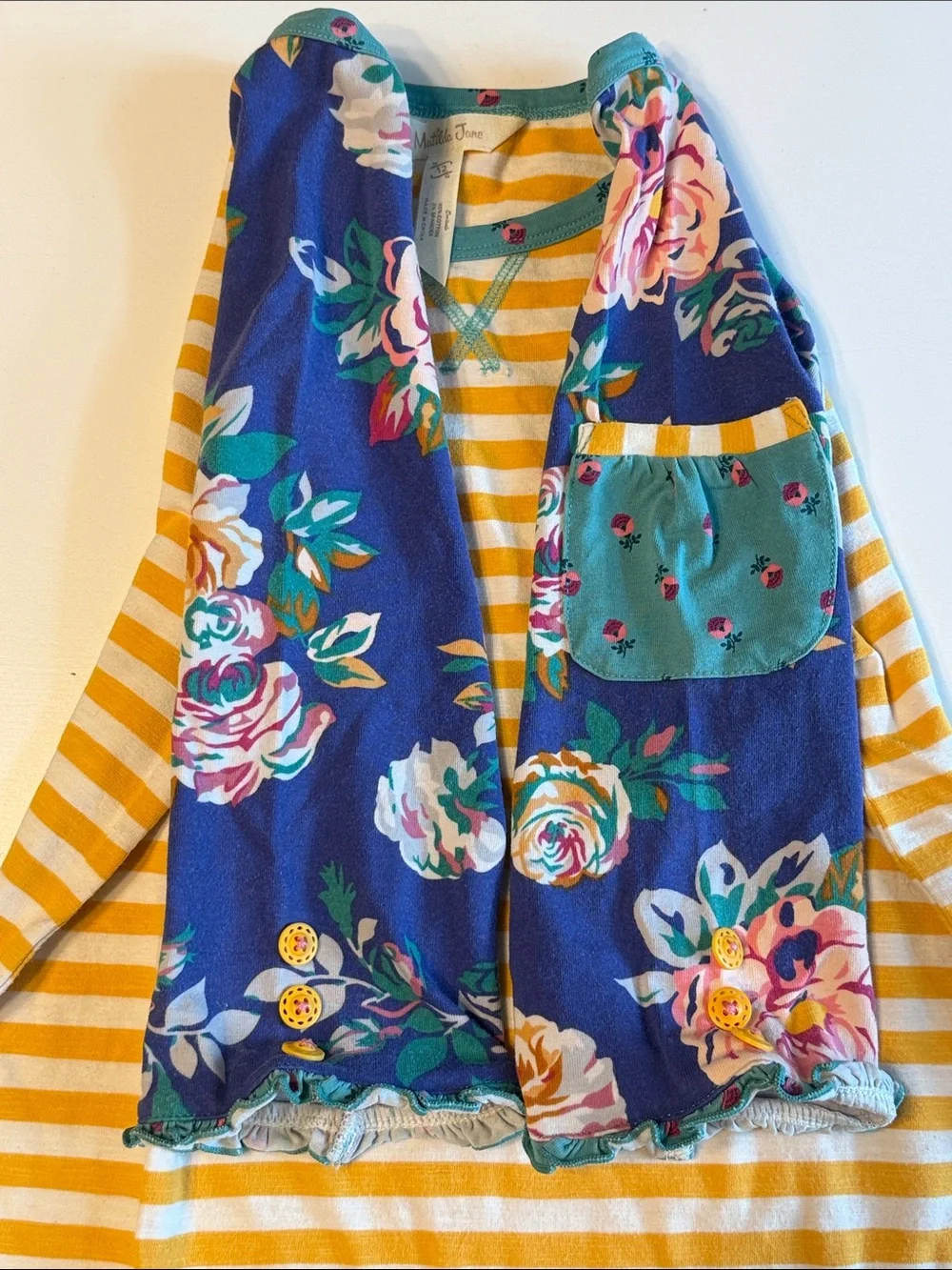 Matilda Jane Yellow Royal Blue Flor Striped Raglan Matching Leggings sz 12VGUC